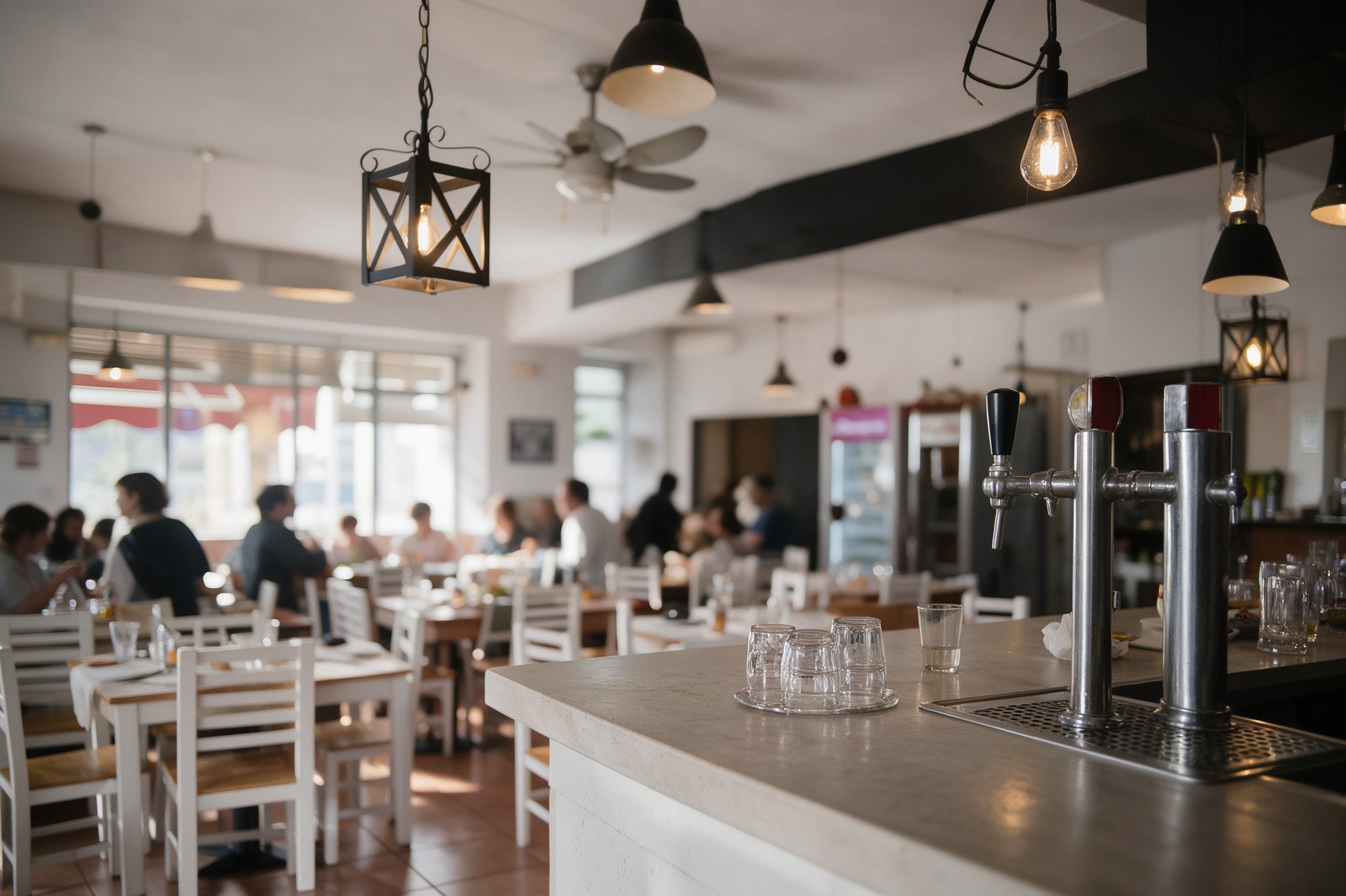 Interior de Bar Peligros con linternas, ventiladores y barra de grifos
