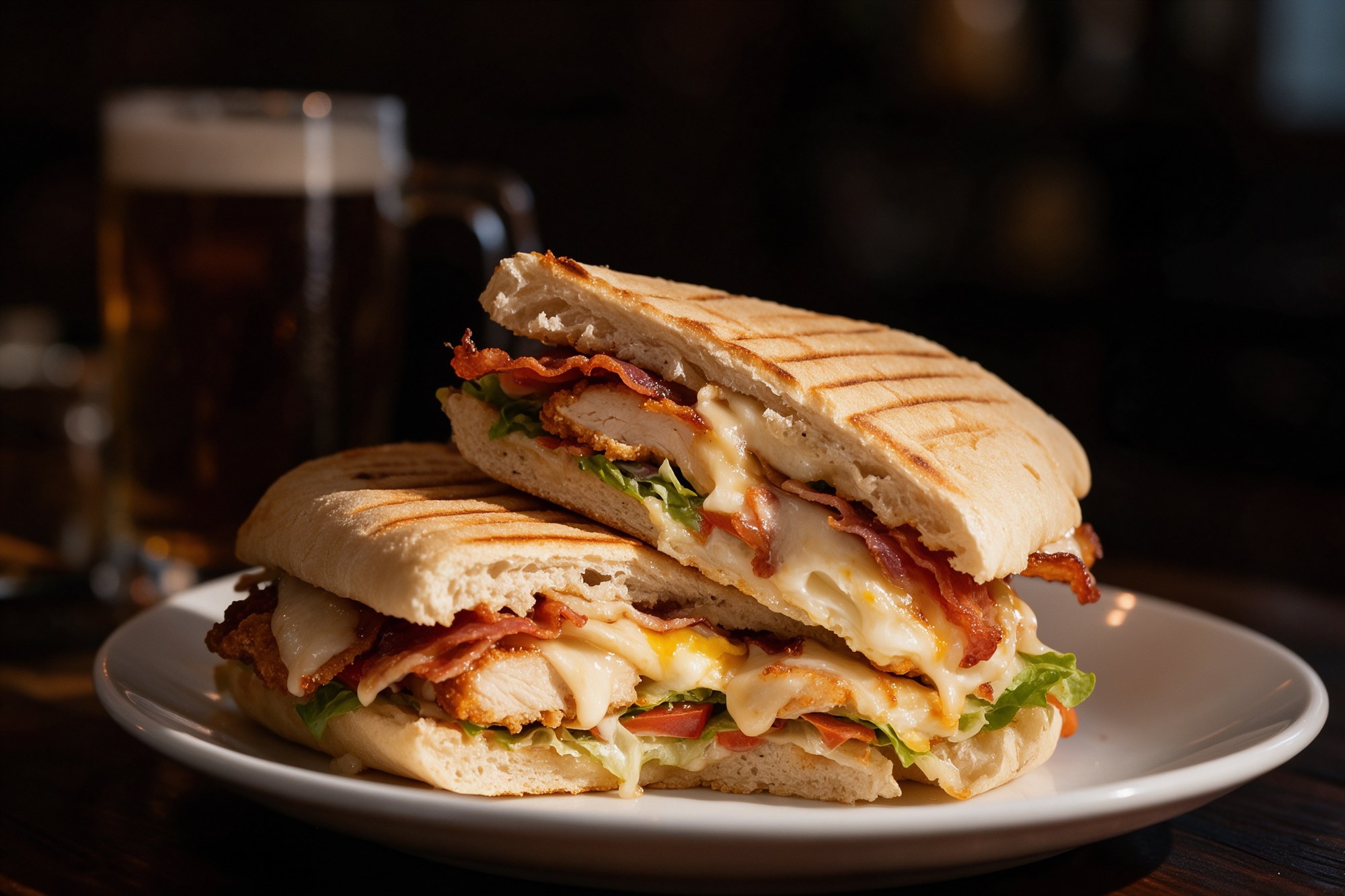 Sandwich gourmet a la parrilla con bacon, pollo, queso y huevo