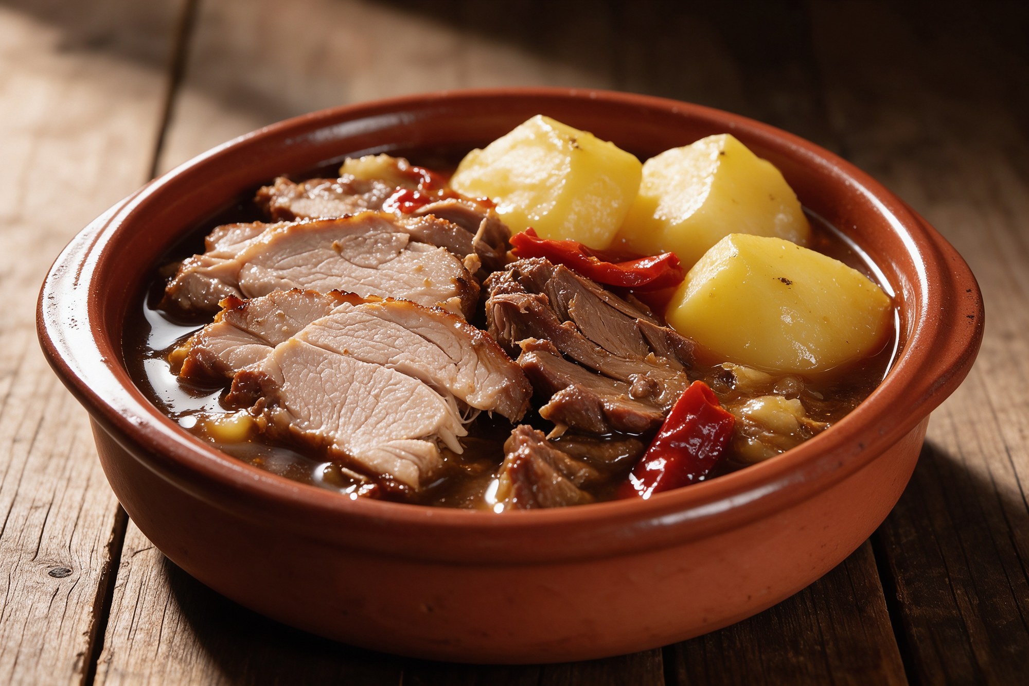 Guiso de carne a la parrilla con patatas en cazuela de barro