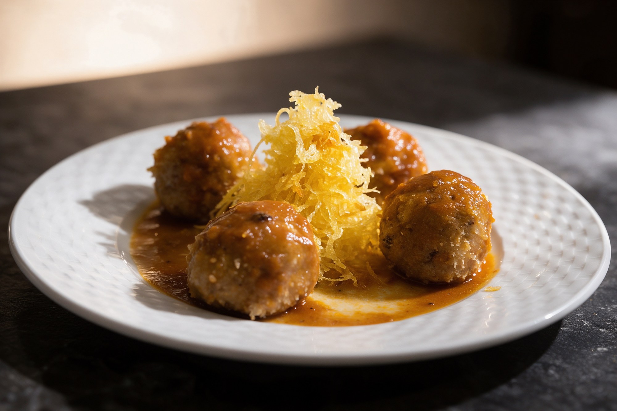 Albóndigas en salsa con guarnición de patata paja